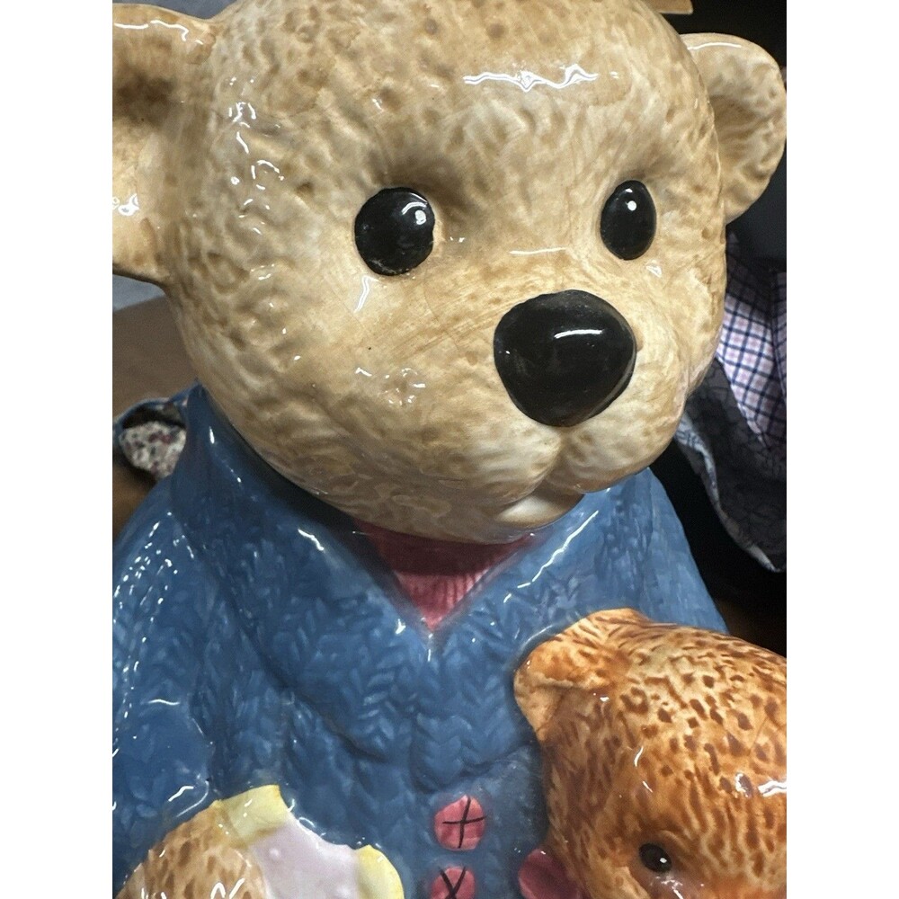 Vintage Cresco China Papa & Baby Bear Ceramic Cookie Jar Blue Sweater Retro - Picture 3 of 11